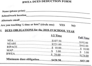 The Center published a letter from the Bristol-Warren Education Association (BWEA, a local NEA union), that not only showed the union misinformed teachers, but also showed that only $174 out of the $821 in proposed annual dues were to go to their local NEA association.