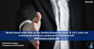 Rhode Island ranks 45th on the Familiy Prosperity Index. A 3.0% sales tax would mean that more people hear, “You’re hired!”